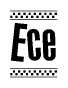 The image is a black and white clipart of the text Ece in a bold, italicized font. The text is bordered by a dotted line on the top and bottom, and there are checkered flags positioned at both ends of the text, usually associated with racing or finishing lines.