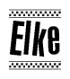 The image contains the text Elke in a bold, stylized font, with a checkered flag pattern bordering the top and bottom of the text.