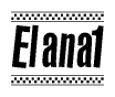 The image is a black and white clipart of the text Elana1 in a bold, italicized font. The text is bordered by a dotted line on the top and bottom, and there are checkered flags positioned at both ends of the text, usually associated with racing or finishing lines.