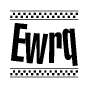 The image is a black and white clipart of the text Ewrq in a bold, italicized font. The text is bordered by a dotted line on the top and bottom, and there are checkered flags positioned at both ends of the text, usually associated with racing or finishing lines.