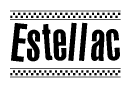 The clipart image displays the text Estellac in a bold, stylized font. It is enclosed in a rectangular border with a checkerboard pattern running below and above the text, similar to a finish line in racing. 