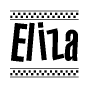 The image contains the text Eliza in a bold, stylized font, with a checkered flag pattern bordering the top and bottom of the text.