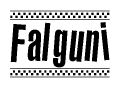 The clipart image displays the text Falguni in a bold, stylized font. It is enclosed in a rectangular border with a checkerboard pattern running below and above the text, similar to a finish line in racing. 