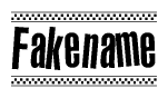 The image is a black and white clipart of the text Fakename in a bold, italicized font. The text is bordered by a dotted line on the top and bottom, and there are checkered flags positioned at both ends of the text, usually associated with racing or finishing lines.