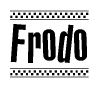 The image contains the text Frodo in a bold, stylized font, with a checkered flag pattern bordering the top and bottom of the text.