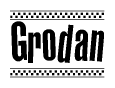 The clipart image displays the text Grodan in a bold, stylized font. It is enclosed in a rectangular border with a checkerboard pattern running below and above the text, similar to a finish line in racing. 