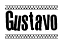 The image is a black and white clipart of the text Gustavo in a bold, italicized font. The text is bordered by a dotted line on the top and bottom, and there are checkered flags positioned at both ends of the text, usually associated with racing or finishing lines.