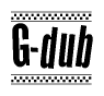 The image is a black and white clipart of the text G-dub in a bold, italicized font. The text is bordered by a dotted line on the top and bottom, and there are checkered flags positioned at both ends of the text, usually associated with racing or finishing lines.