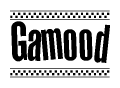 The clipart image displays the text Gamood in a bold, stylized font. It is enclosed in a rectangular border with a checkerboard pattern running below and above the text, similar to a finish line in racing. 