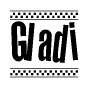 The image is a black and white clipart of the text Gladi in a bold, italicized font. The text is bordered by a dotted line on the top and bottom, and there are checkered flags positioned at both ends of the text, usually associated with racing or finishing lines.