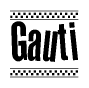 The image is a black and white clipart of the text Gauti in a bold, italicized font. The text is bordered by a dotted line on the top and bottom, and there are checkered flags positioned at both ends of the text, usually associated with racing or finishing lines.