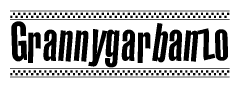 The image is a black and white clipart of the text Grannygarbanzo in a bold, italicized font. The text is bordered by a dotted line on the top and bottom, and there are checkered flags positioned at both ends of the text, usually associated with racing or finishing lines.