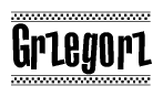 The clipart image displays the text Grzegorz in a bold, stylized font. It is enclosed in a rectangular border with a checkerboard pattern running below and above the text, similar to a finish line in racing. 