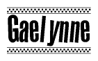 The image is a black and white clipart of the text Gaelynne in a bold, italicized font. The text is bordered by a dotted line on the top and bottom, and there are checkered flags positioned at both ends of the text, usually associated with racing or finishing lines.