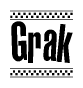 The clipart image displays the text Grak in a bold, stylized font. It is enclosed in a rectangular border with a checkerboard pattern running below and above the text, similar to a finish line in racing. 