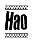 The clipart image displays the text Hao in a bold, stylized font. It is enclosed in a rectangular border with a checkerboard pattern running below and above the text, similar to a finish line in racing. 