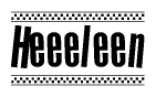 The image is a black and white clipart of the text Heeeleen in a bold, italicized font. The text is bordered by a dotted line on the top and bottom, and there are checkered flags positioned at both ends of the text, usually associated with racing or finishing lines.