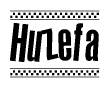The image is a black and white clipart of the text Huzefa in a bold, italicized font. The text is bordered by a dotted line on the top and bottom, and there are checkered flags positioned at both ends of the text, usually associated with racing or finishing lines.