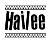 The clipart image displays the text Hailee in a bold, stylized font. It is enclosed in a rectangular border with a checkerboard pattern running below and above the text, similar to a finish line in racing. 