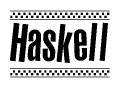 The clipart image displays the text Haskell in a bold, stylized font. It is enclosed in a rectangular border with a checkerboard pattern running below and above the text, similar to a finish line in racing. 