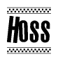 The image contains the text Hoss in a bold, stylized font, with a checkered flag pattern bordering the top and bottom of the text.