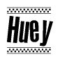The image is a black and white clipart of the text Huey in a bold, italicized font. The text is bordered by a dotted line on the top and bottom, and there are checkered flags positioned at both ends of the text, usually associated with racing or finishing lines.