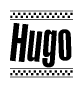 The image is a black and white clipart of the text Hugo in a bold, italicized font. The text is bordered by a dotted line on the top and bottom, and there are checkered flags positioned at both ends of the text, usually associated with racing or finishing lines.