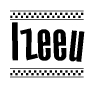 The image contains the text Izeeu in a bold, stylized font, with a checkered flag pattern bordering the top and bottom of the text.