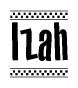 The image is a black and white clipart of the text Izah in a bold, italicized font. The text is bordered by a dotted line on the top and bottom, and there are checkered flags positioned at both ends of the text, usually associated with racing or finishing lines.