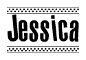 The image is a black and white clipart of the text Jessica in a bold, italicized font. The text is bordered by a dotted line on the top and bottom, and there are checkered flags positioned at both ends of the text, usually associated with racing or finishing lines.