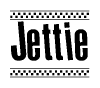 The clipart image displays the text Jettie in a bold, stylized font. It is enclosed in a rectangular border with a checkerboard pattern running below and above the text, similar to a finish line in racing. 