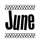 The image contains the text June in a bold, stylized font, with a checkered flag pattern bordering the top and bottom of the text.