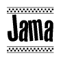The clipart image displays the text Jama in a bold, stylized font. It is enclosed in a rectangular border with a checkerboard pattern running below and above the text, similar to a finish line in racing. 