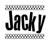 The clipart image displays the text Jacky in a bold, stylized font. It is enclosed in a rectangular border with a checkerboard pattern running below and above the text, similar to a finish line in racing. 