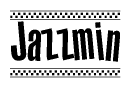 The clipart image displays the text Jazzmin in a bold, stylized font. It is enclosed in a rectangular border with a checkerboard pattern running below and above the text, similar to a finish line in racing. 