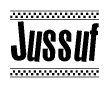 The clipart image displays the text Jussuf in a bold, stylized font. It is enclosed in a rectangular border with a checkerboard pattern running below and above the text, similar to a finish line in racing. 