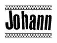 The image contains the text Johann in a bold, stylized font, with a checkered flag pattern bordering the top and bottom of the text.