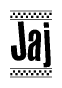 The image is a black and white clipart of the text Jaj in a bold, italicized font. The text is bordered by a dotted line on the top and bottom, and there are checkered flags positioned at both ends of the text, usually associated with racing or finishing lines.