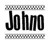 The image contains the text Johno in a bold, stylized font, with a checkered flag pattern bordering the top and bottom of the text.