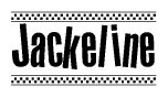 The clipart image displays the text Jackeline in a bold, stylized font. It is enclosed in a rectangular border with a checkerboard pattern running below and above the text, similar to a finish line in racing. 