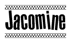 The image is a black and white clipart of the text Jacomine in a bold, italicized font. The text is bordered by a dotted line on the top and bottom, and there are checkered flags positioned at both ends of the text, usually associated with racing or finishing lines.