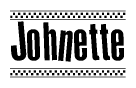 The image contains the text Johnette in a bold, stylized font, with a checkered flag pattern bordering the top and bottom of the text.