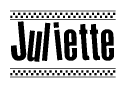 The image is a black and white clipart of the text Juliette in a bold, italicized font. The text is bordered by a dotted line on the top and bottom, and there are checkered flags positioned at both ends of the text, usually associated with racing or finishing lines.