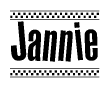 The clipart image displays the text Jannie in a bold, stylized font. It is enclosed in a rectangular border with a checkerboard pattern running below and above the text, similar to a finish line in racing. 