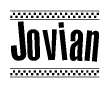 The clipart image displays the text Jovian in a bold, stylized font. It is enclosed in a rectangular border with a checkerboard pattern running below and above the text, similar to a finish line in racing. 