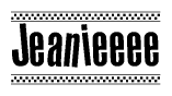 The image is a black and white clipart of the text Jeanieeee in a bold, italicized font. The text is bordered by a dotted line on the top and bottom, and there are checkered flags positioned at both ends of the text, usually associated with racing or finishing lines.
