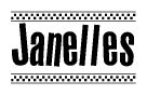 The image is a black and white clipart of the text Janelles in a bold, italicized font. The text is bordered by a dotted line on the top and bottom, and there are checkered flags positioned at both ends of the text, usually associated with racing or finishing lines.