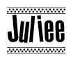 The image contains the text Juliee in a bold, stylized font, with a checkered flag pattern bordering the top and bottom of the text.