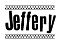 The clipart image displays the text Jeffery in a bold, stylized font. It is enclosed in a rectangular border with a checkerboard pattern running below and above the text, similar to a finish line in racing. 