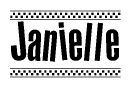 The clipart image displays the text Janielle in a bold, stylized font. It is enclosed in a rectangular border with a checkerboard pattern running below and above the text, similar to a finish line in racing. 